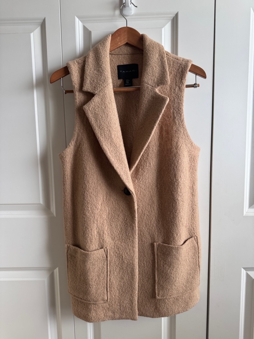 Tahari Camel Sleeveless Long Vest with Patch Pockets